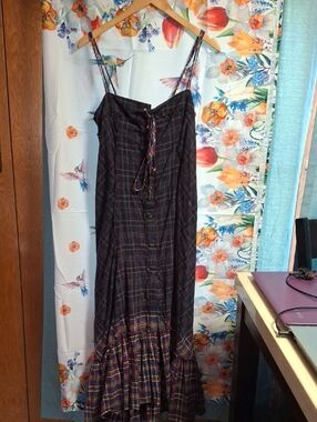 We The Free Dark Navy Plaid Tie-Front Maxi Dress Size Small